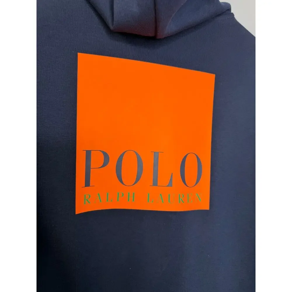 POLO RALPH LAUREN Men's Blue Double-Knit Full Zip Hoodie Box Logo Orange Blue L